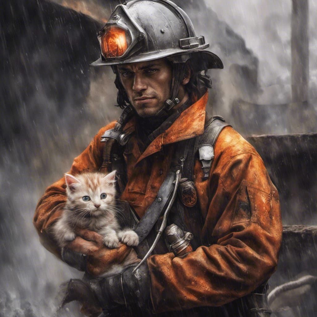 Brave Firefighter Rescues Kitten: Photorealistic Fantasy Art