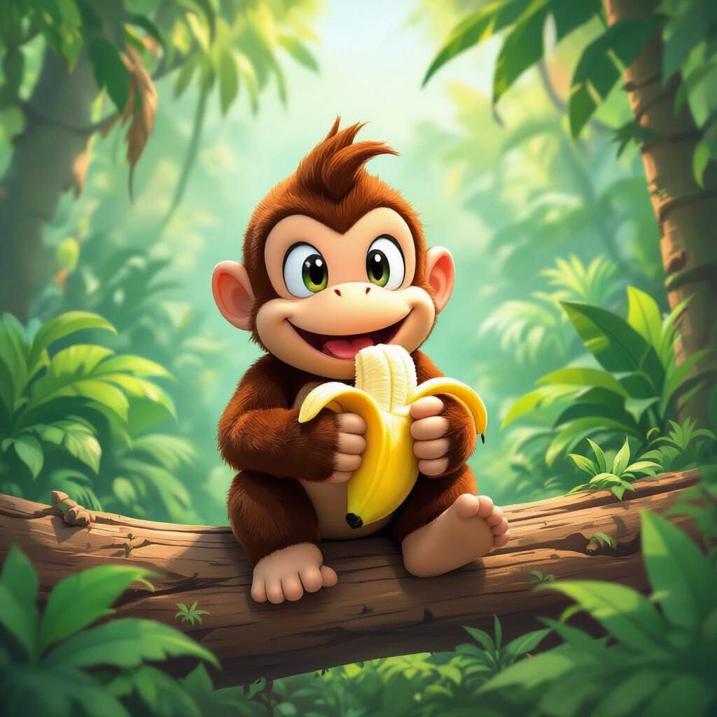Diddy Kong Enjoys a Banana in Jungle Cartoon Style