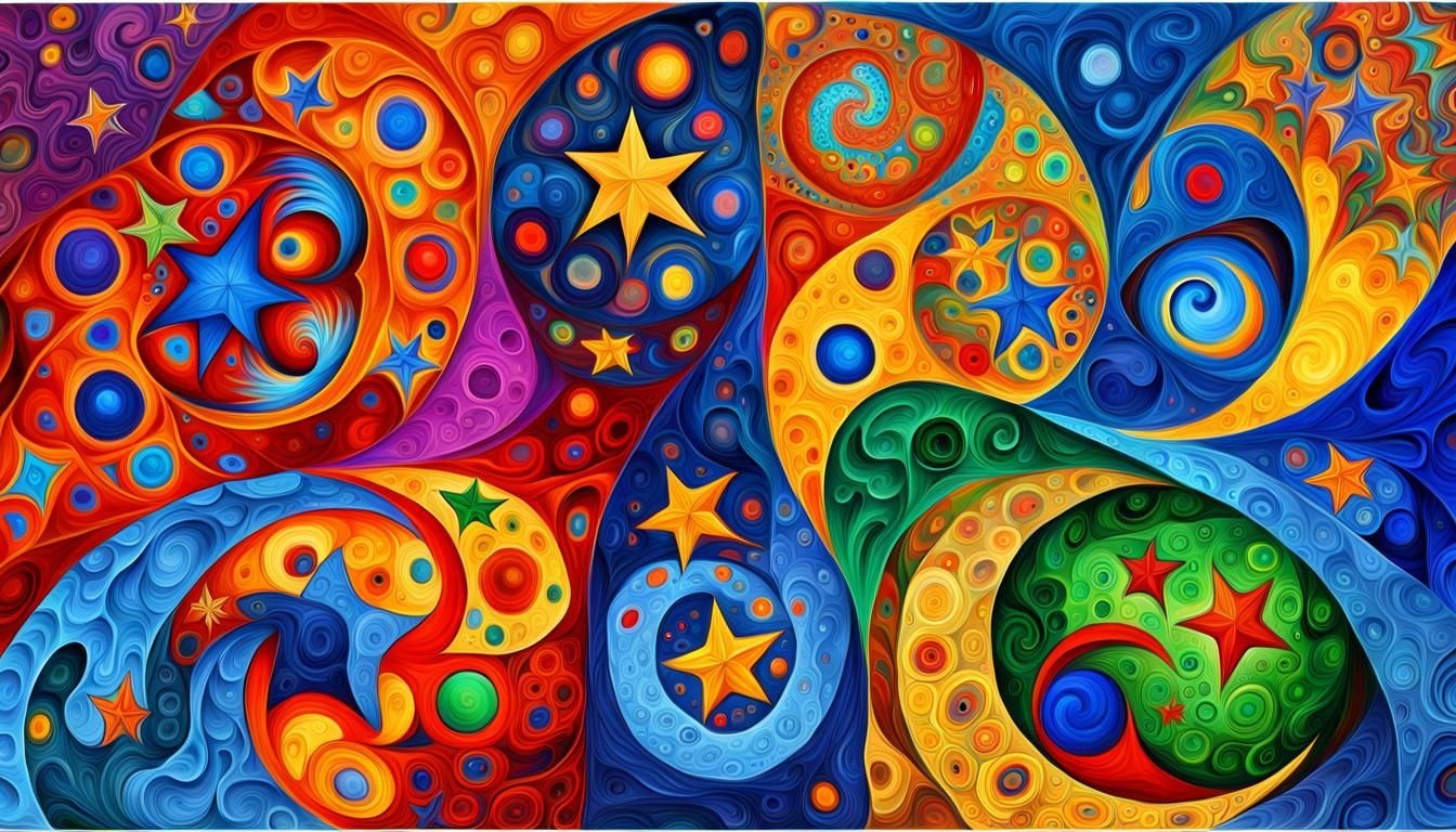 Wiggly Celestial Stars in Abstract Impasto Oil Painting