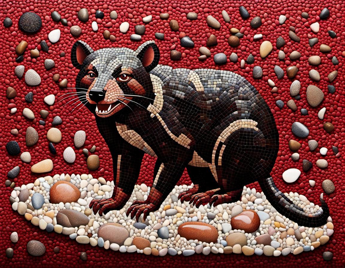 Onyx and Alabaster Tasmanian Devil Pebble Mosaic
