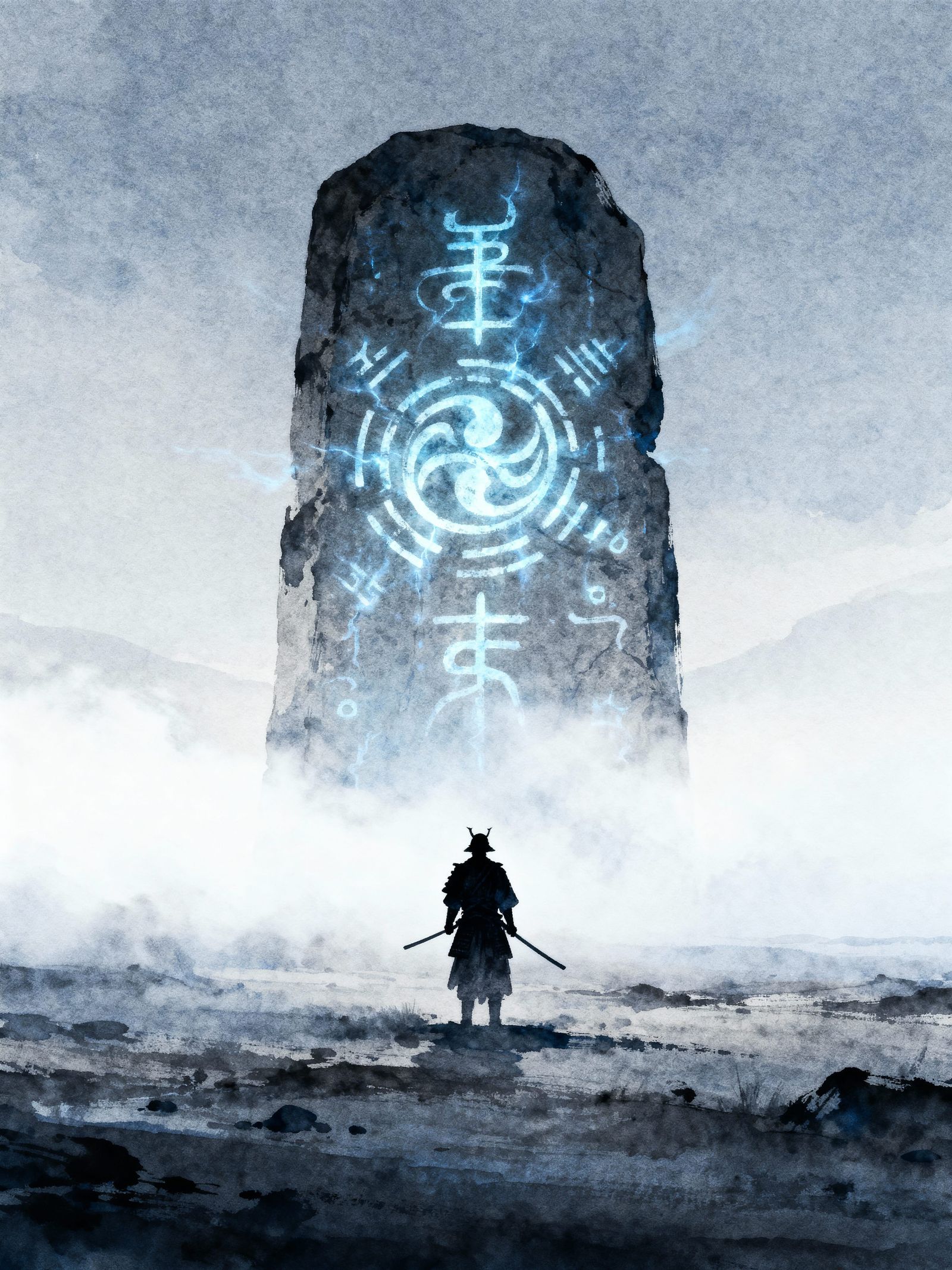 Samurai Warrior Before Glowing Monolith in Japanese Ink Styl...