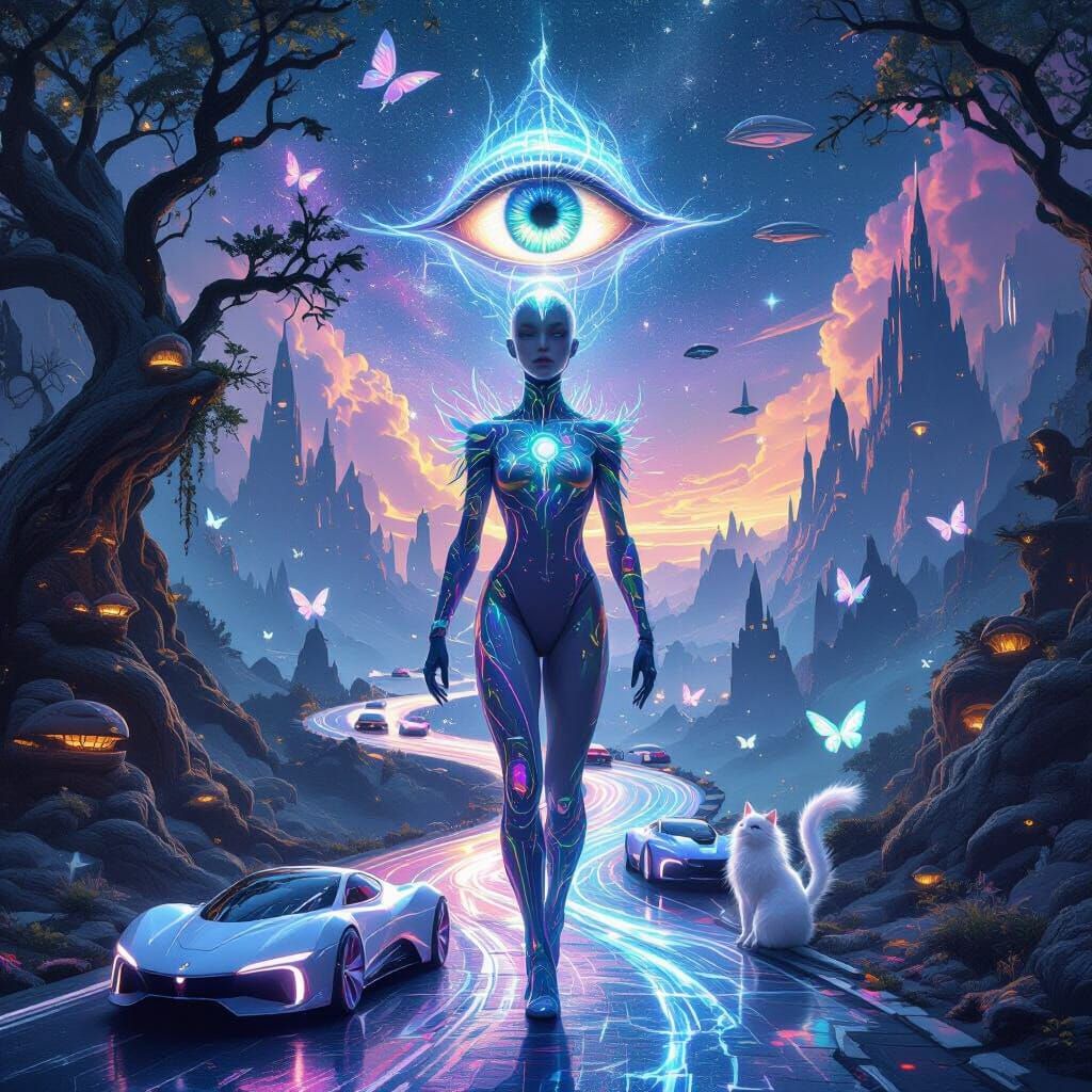 Surreal Figure on Nebula Road in Dreamlike Scene