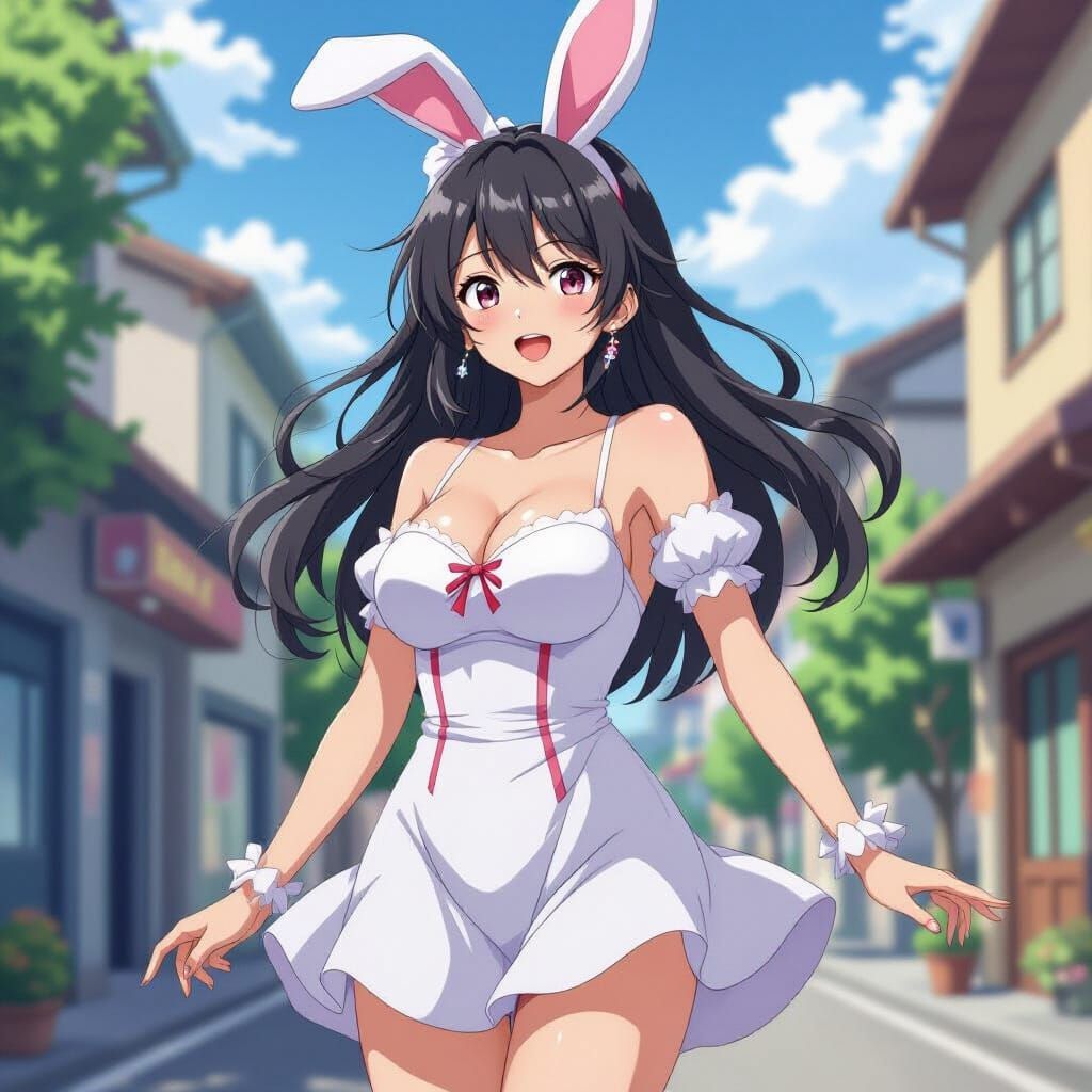 Anime Woman in Bunny Dress with Exaggerated Features
