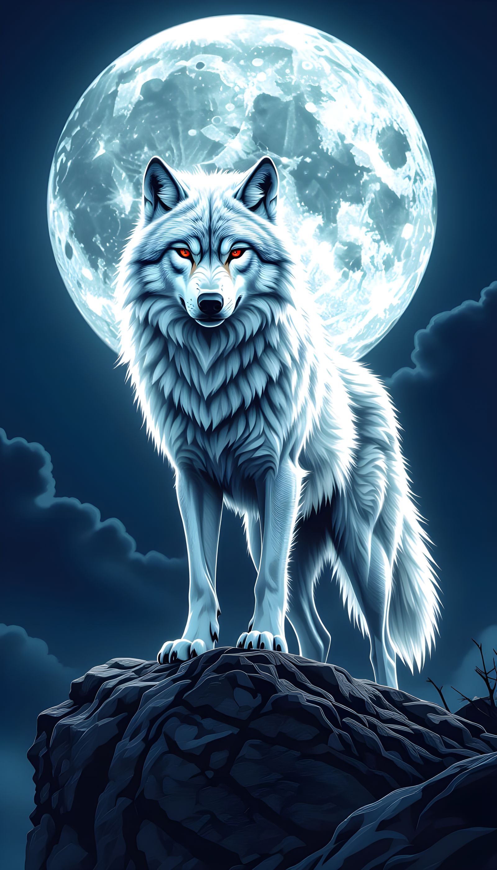 Dangerous White Wolf with Red Eyes in Dark Horror Scene