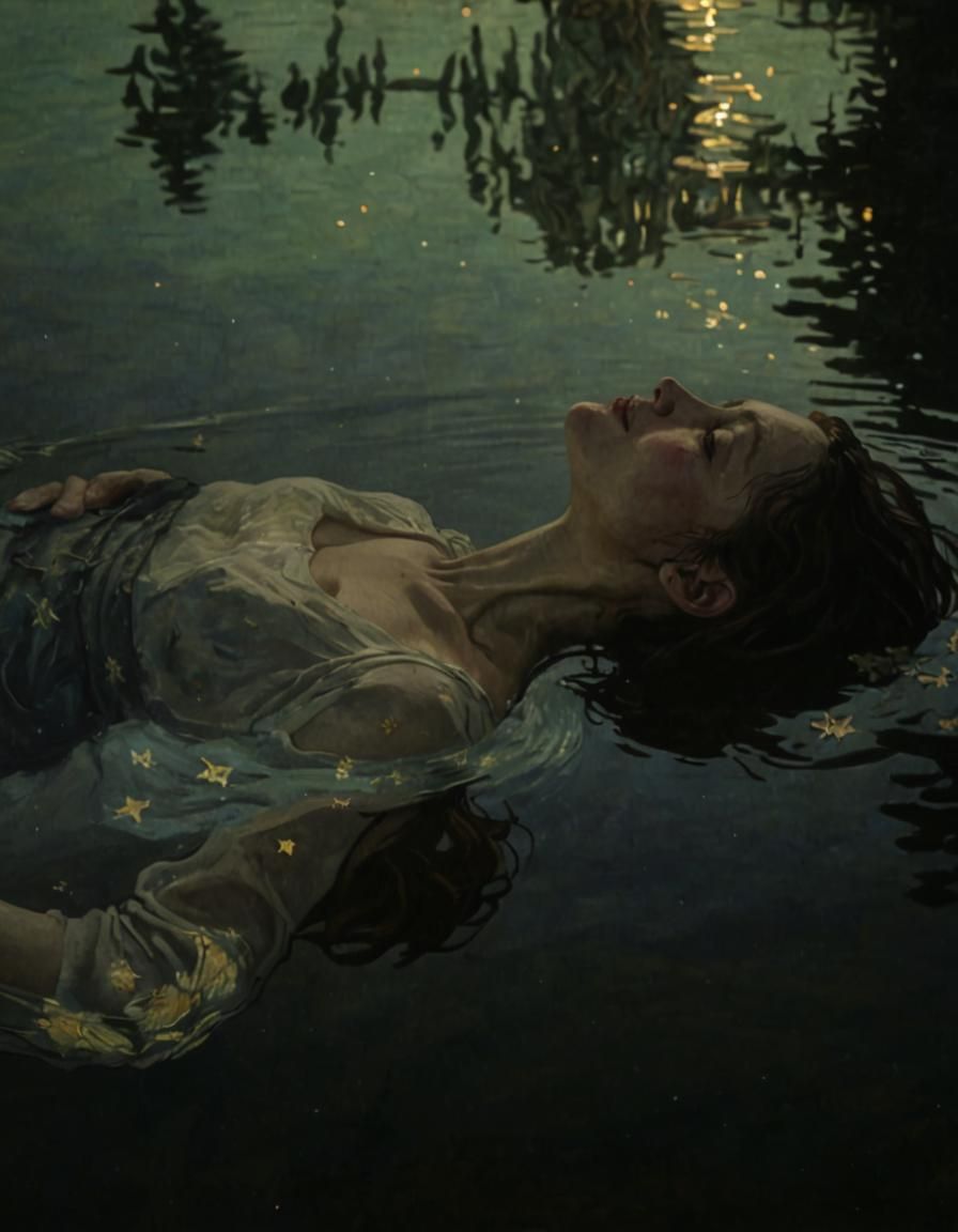 Woman on Lake Reflecting Starry Night