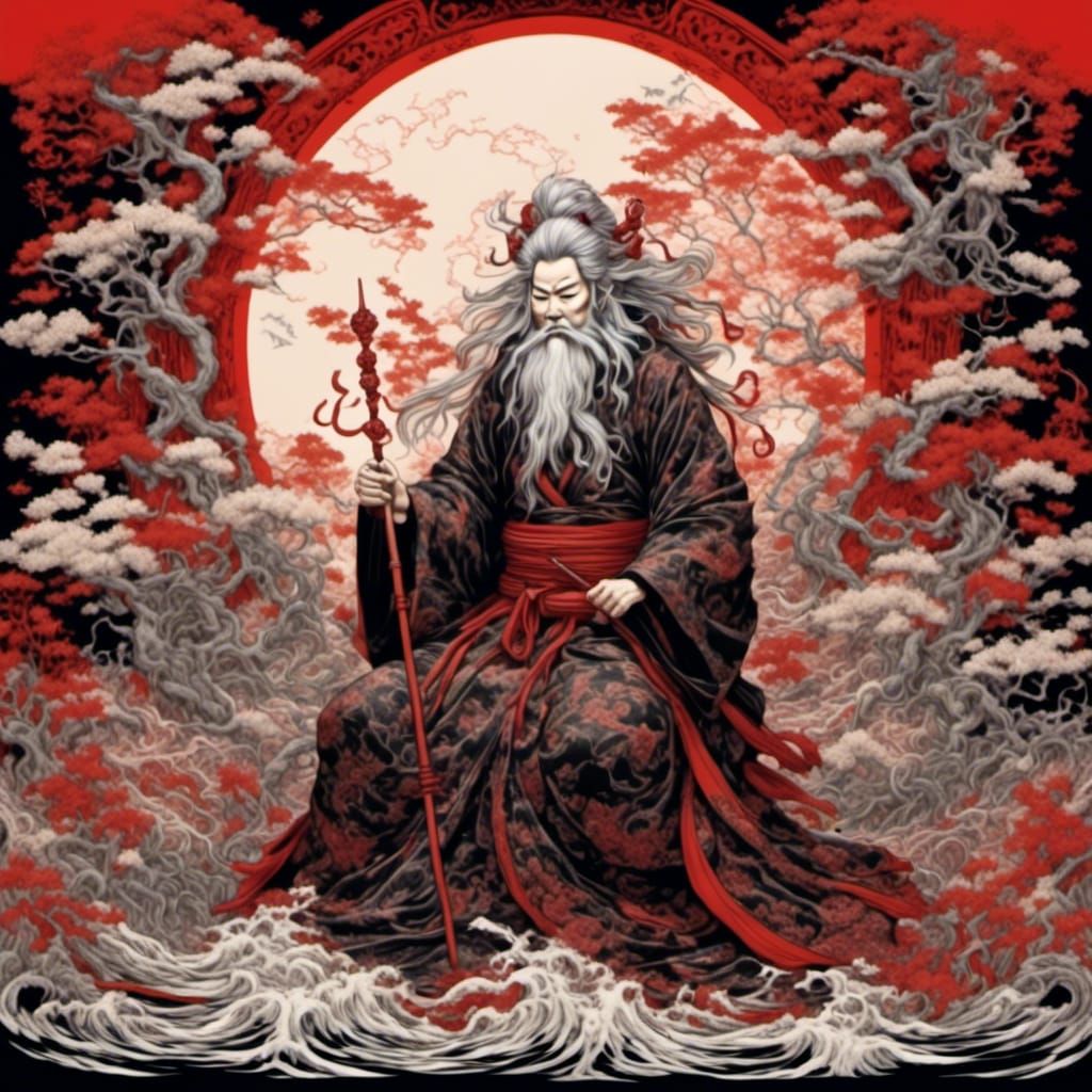 Feudal Lord Writing Calligraphy in Traditional Japanese Styl...