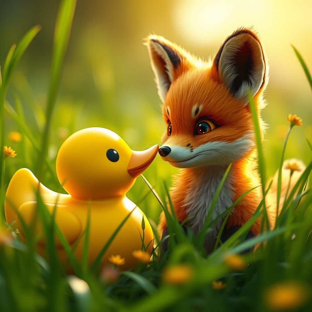 Rubber Duck and Fox Share a Moment in Lush Meadow