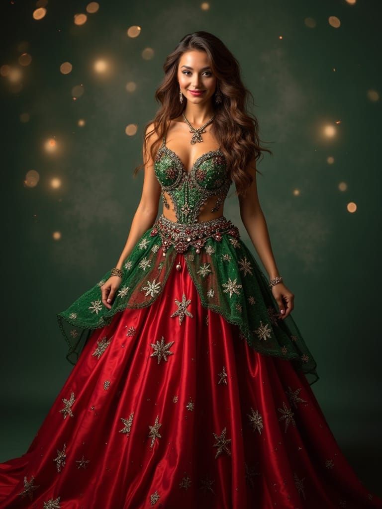 Woman in Festive Christmas Gown with Holiday Colors