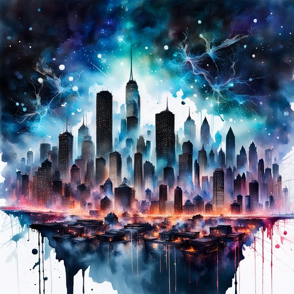 Ink Splatter Cityscape Under Starry Night Sky