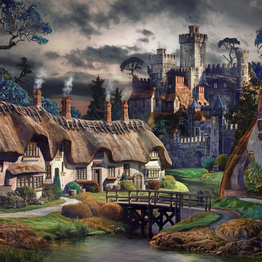 Fantastical Village and Castle Matte Painting
