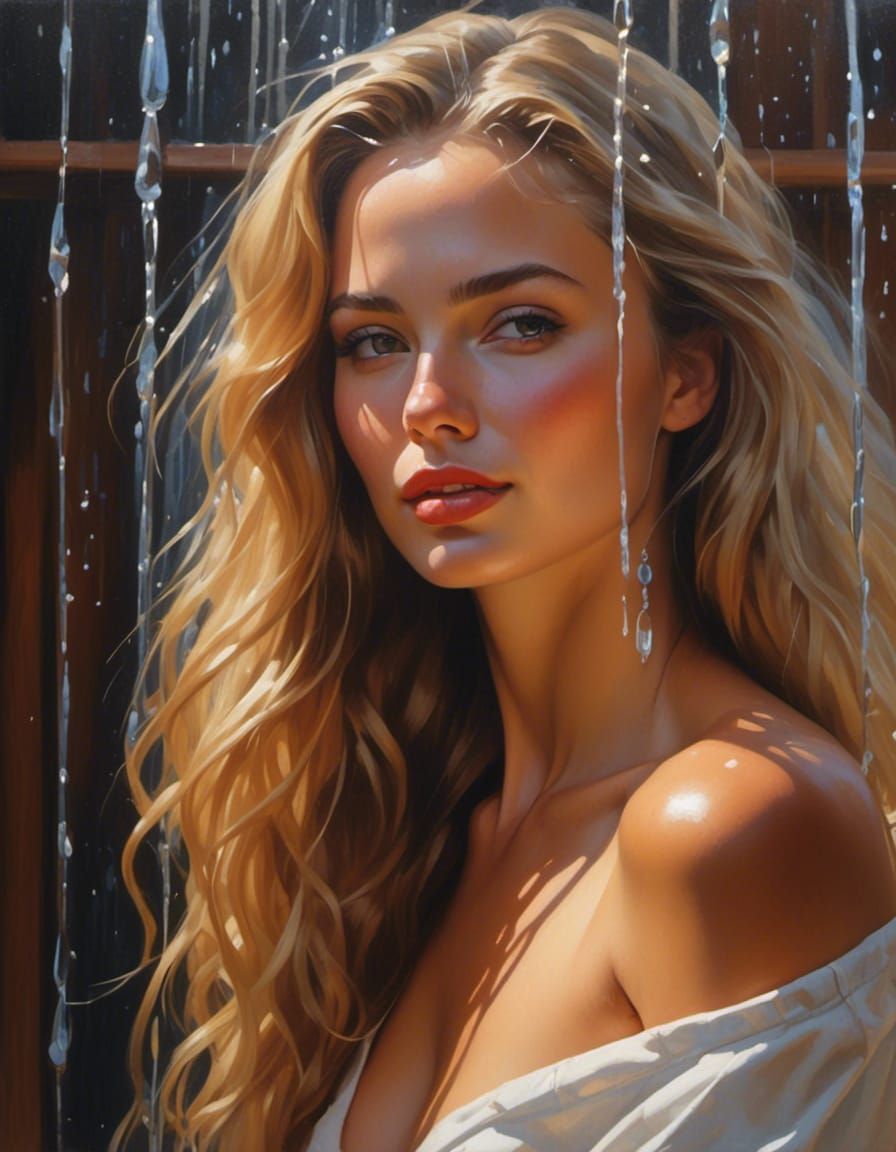 Wet Blonde Woman in Outdoor Shower Portrait