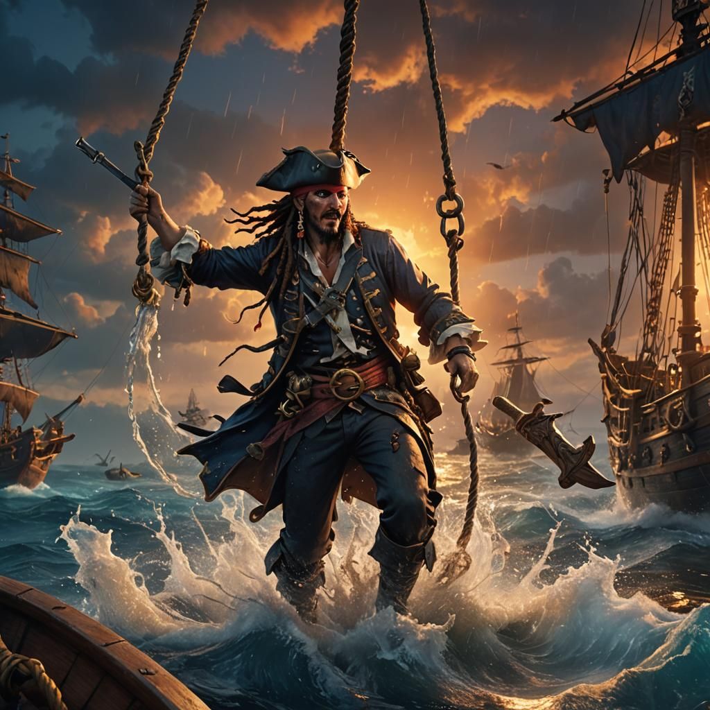 Pirate's Daring Leap: Fantasy Action Illustration