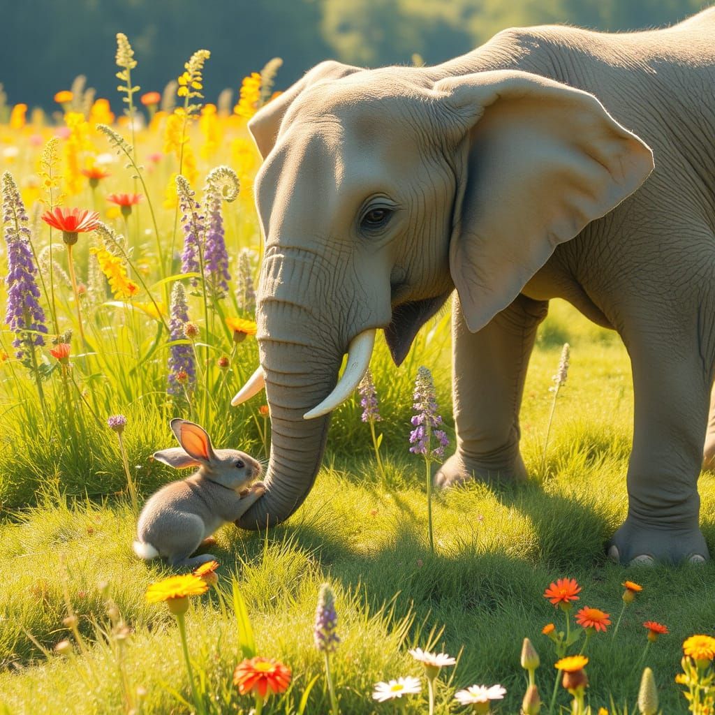 Rabbit and Elephant Friends in Sunny Meadow