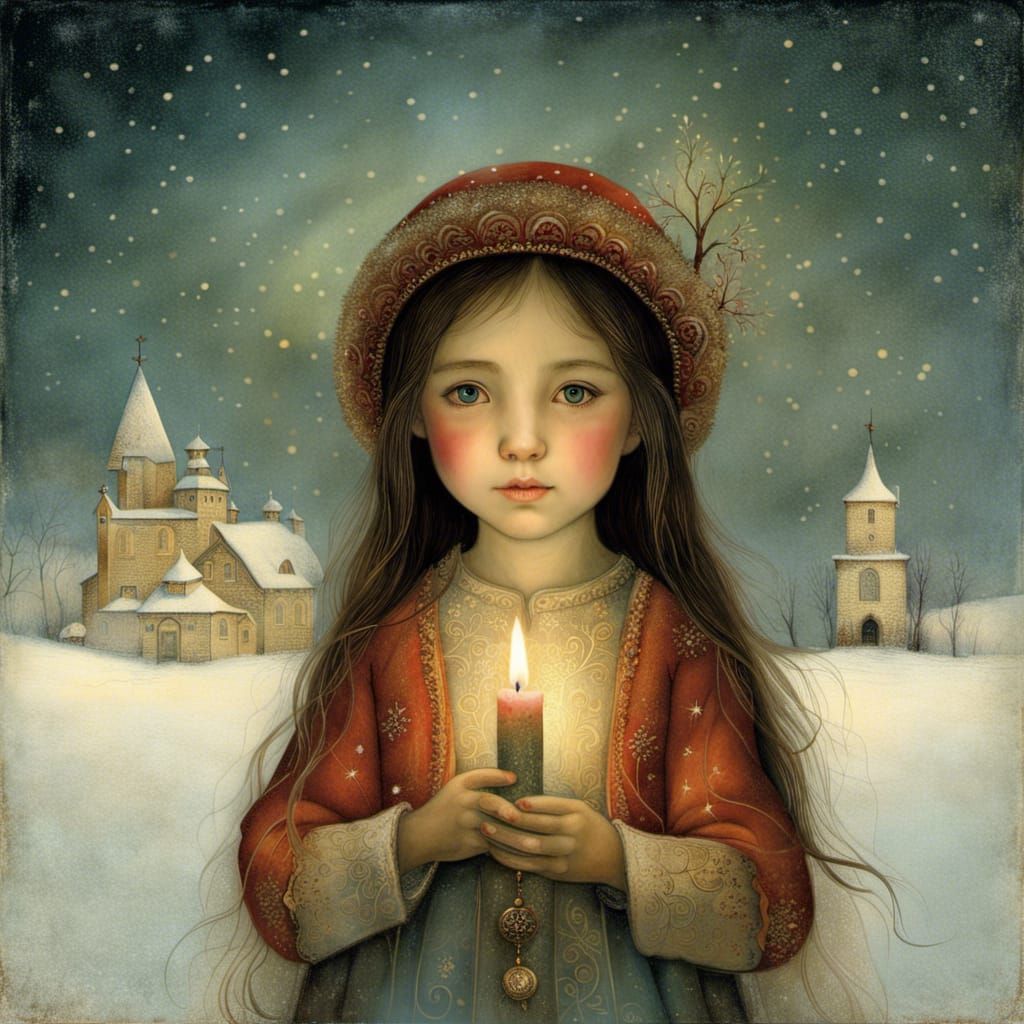 Girl with Candle in Snow, Symbolic Illustration