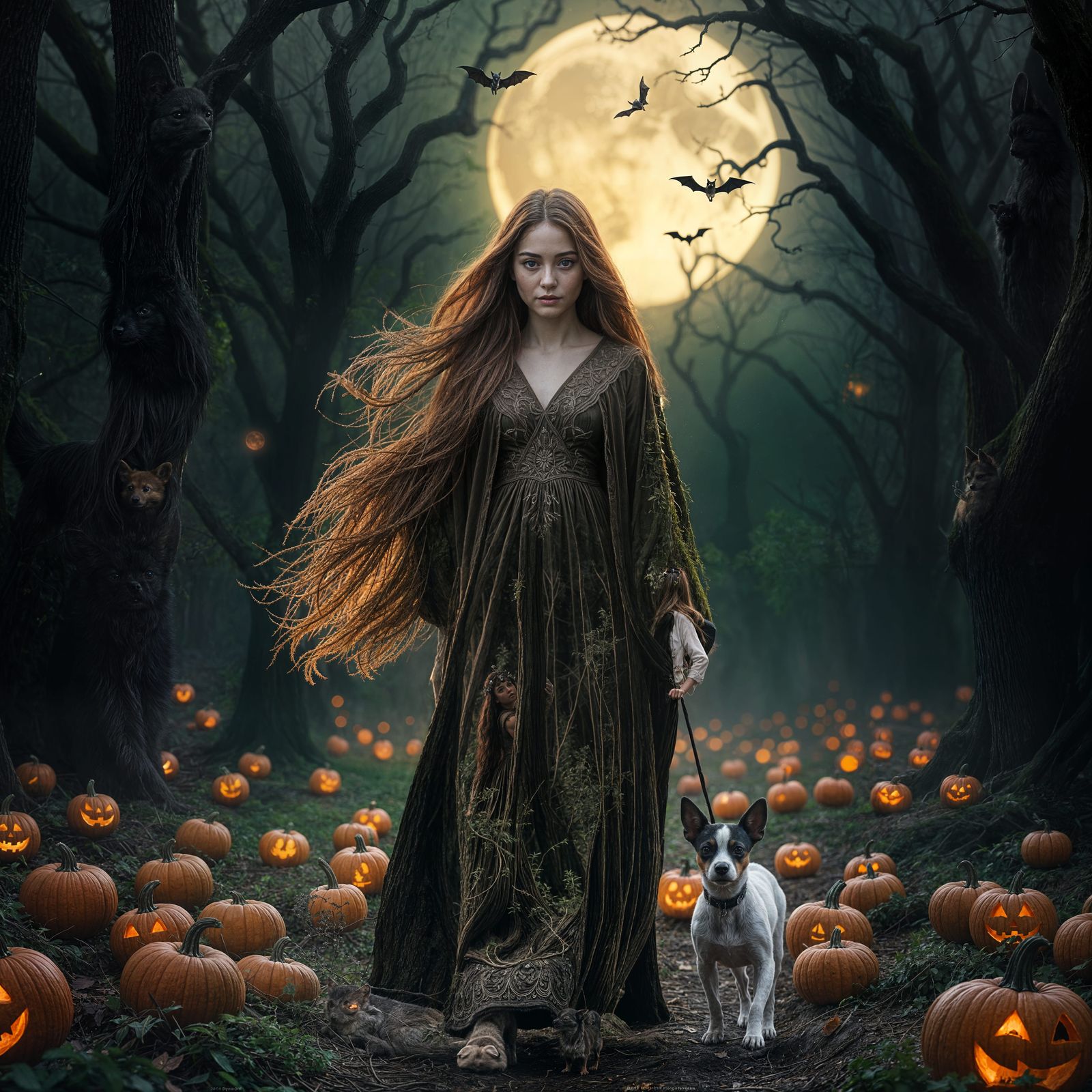 Goddess in Bioluminescent Halloween Forest