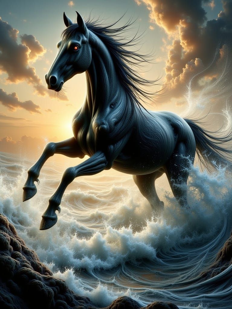 Black Horse Rises From Ocean Waves at Sunset