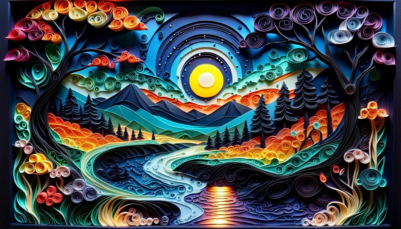 Mythic Nocturnal Fantasy Landscape in Paper Quilling Style