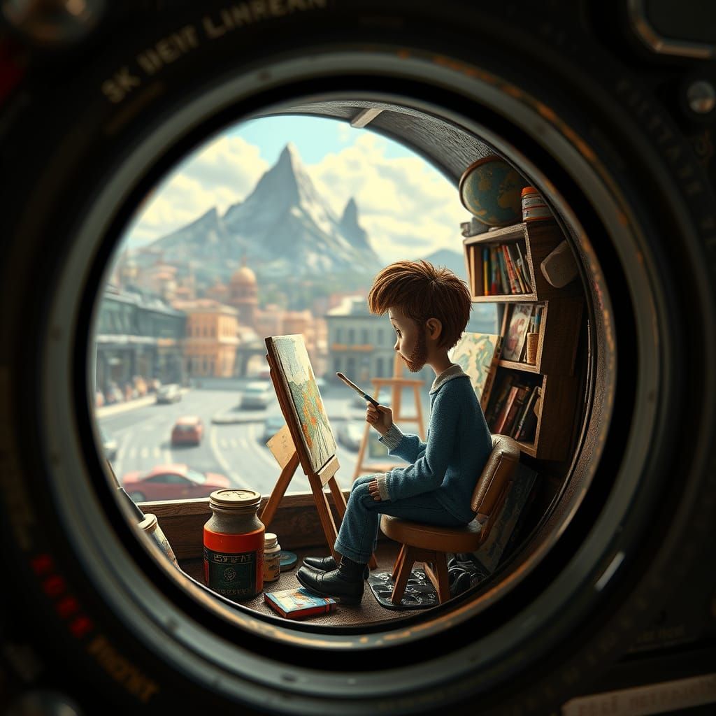 Miniature Artist Painting Inside Magical Camera: Fantasy Art