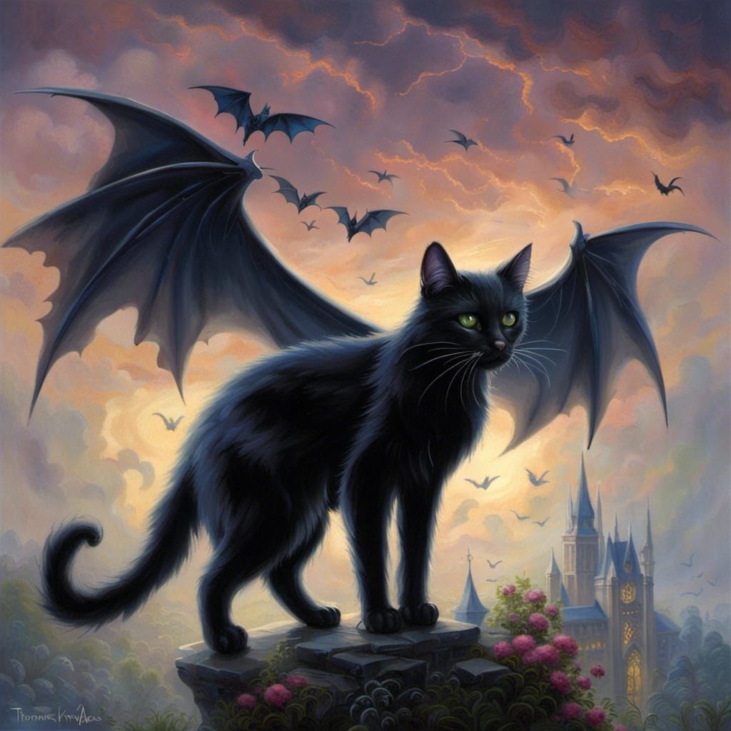 Beautiful black cat with bat wings& gothic vibes& fantasy vibes& dark fantasy vibes