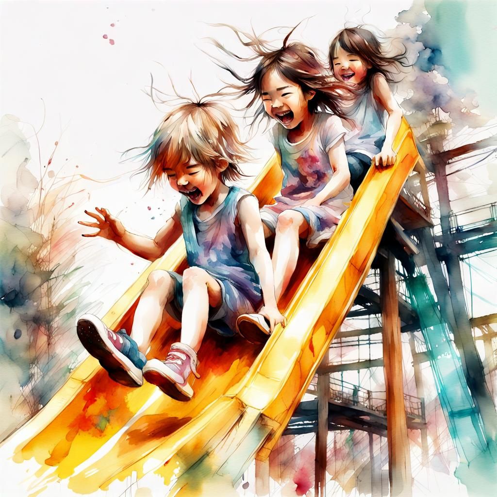 Cute Chibi Kids Play on Giant Slide