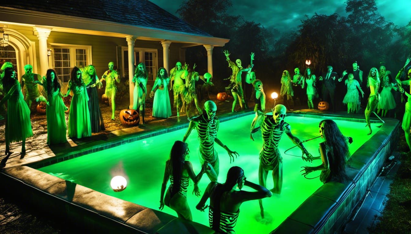 Zombie Halloween Pool Party in Graveyard