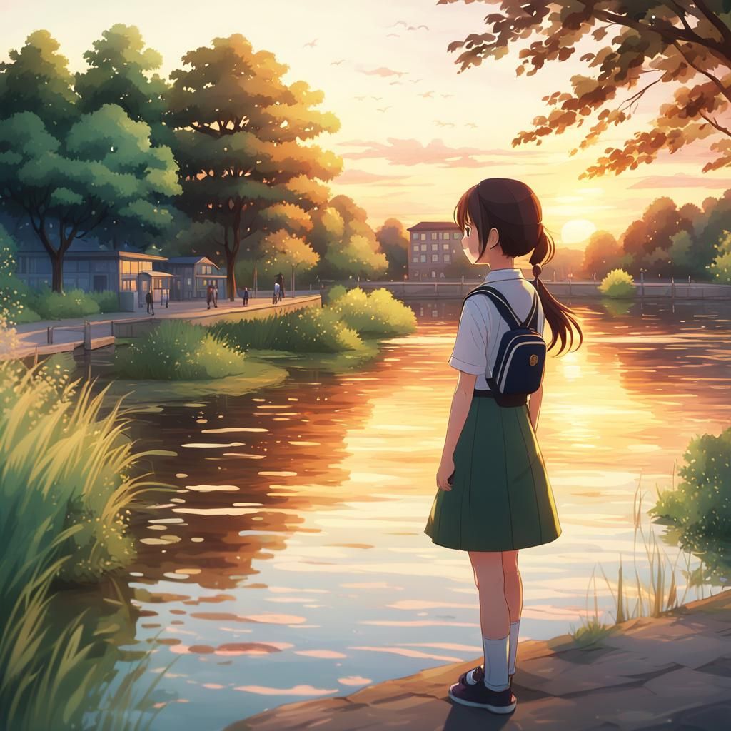 Girl by Riverside at Sunset in Anime Style