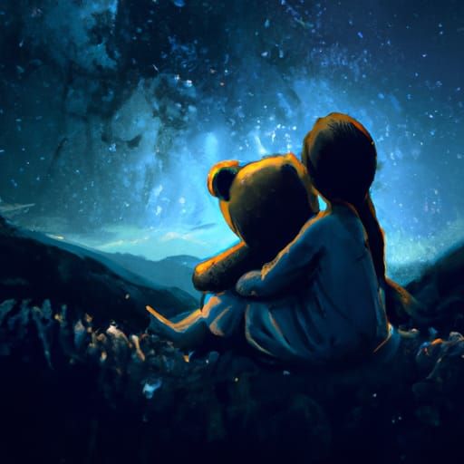 Girl Hugging Teddy Bear Looking at Stars