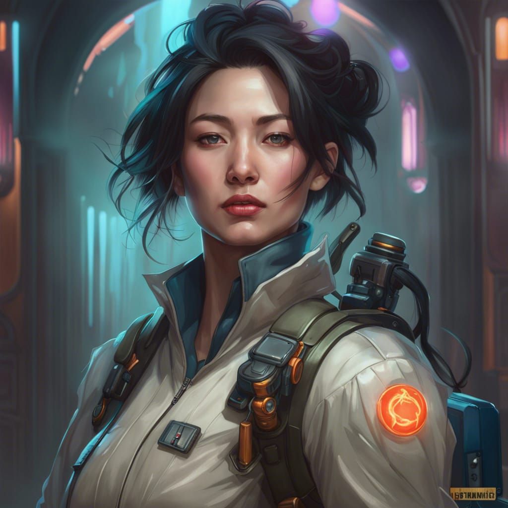 Tian Jing as Ghostbuster: Hyperdetailed Portrait