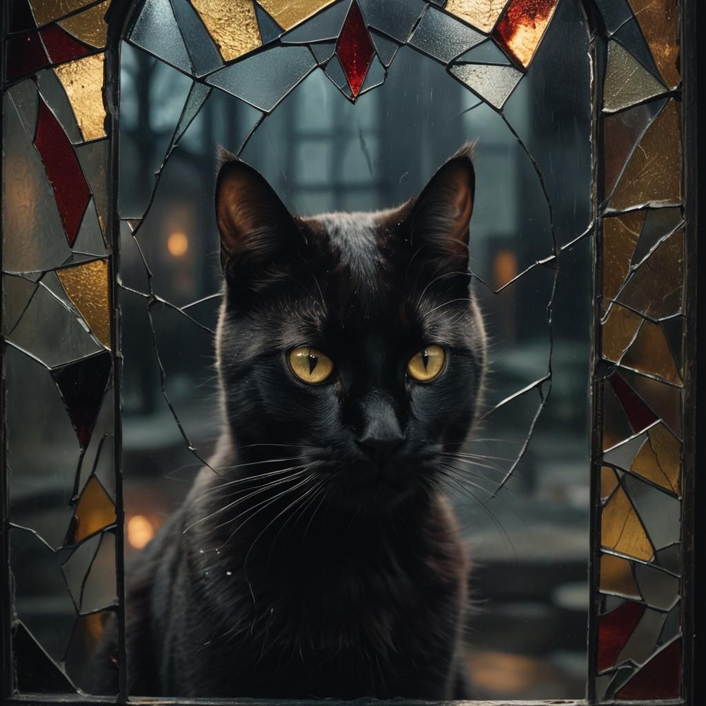Black Cat in Broken Stained Glass Mirror