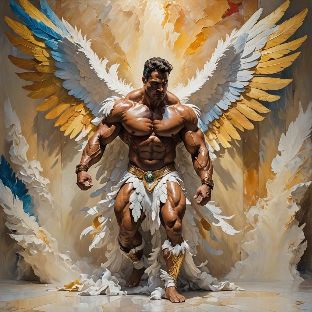 Winged Bodybuilder in Golden Light: Mythological Art