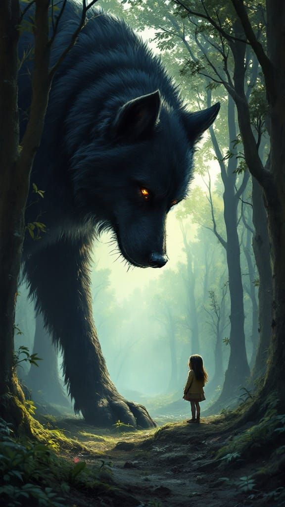 Majestic Black Hound Surveys Tiny Form in Dark Woodland Scen...