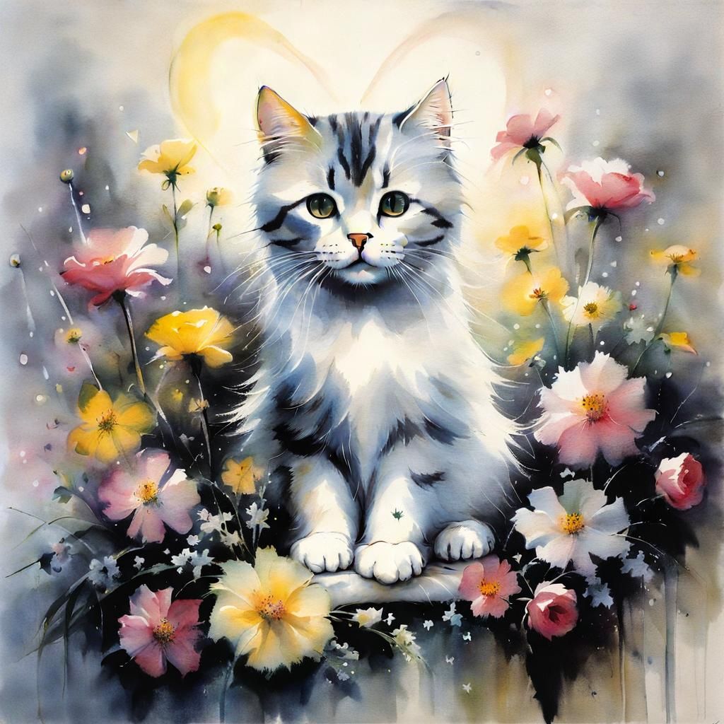 Cute Cat with Flowers in Ghostly Style