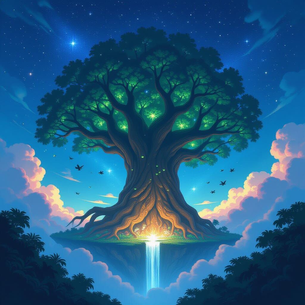 Ancient Sky Tree Island with Bioluminescent Flora