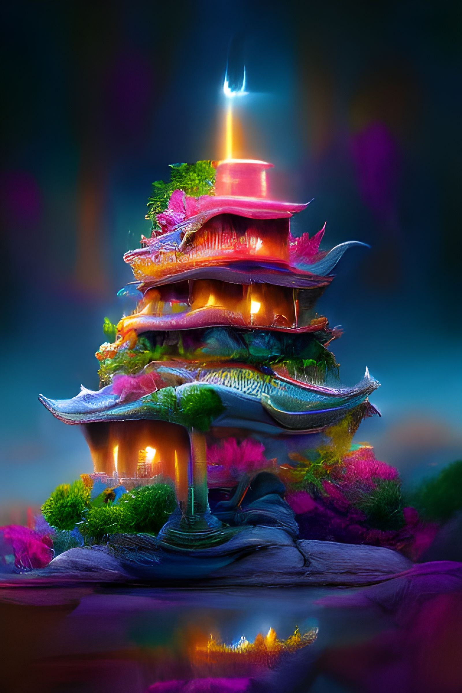 Glowing Magic Pagoda in a Fantasy Landscape