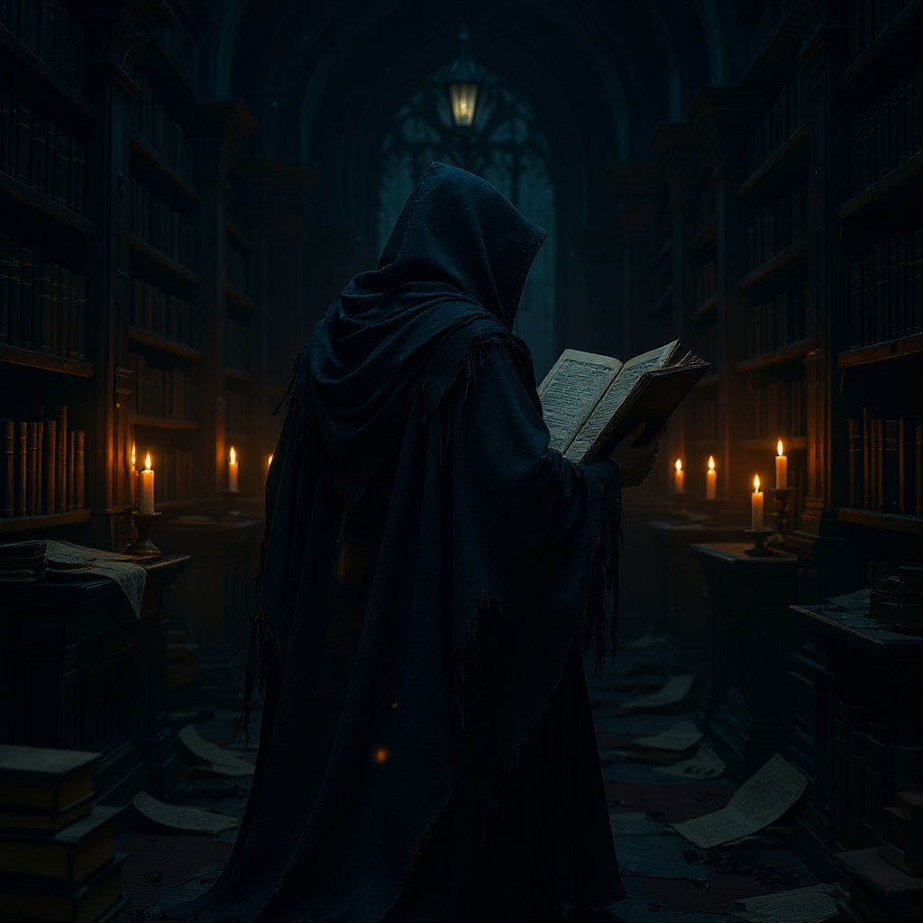 Dark Fantasy Figure Reading Ledger in Old Library