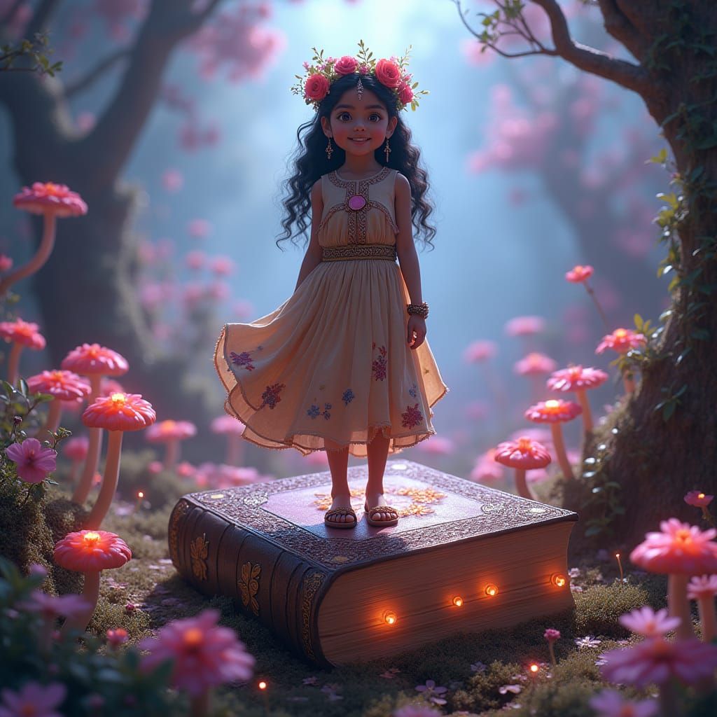 Girl on Book in Dreamlike Garden, Matte Painting