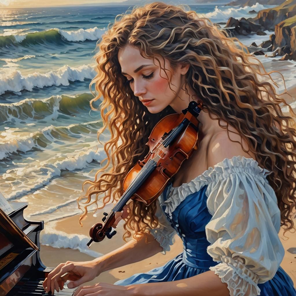 Ocean Piano: Impressionist Oil Painting of a Woman