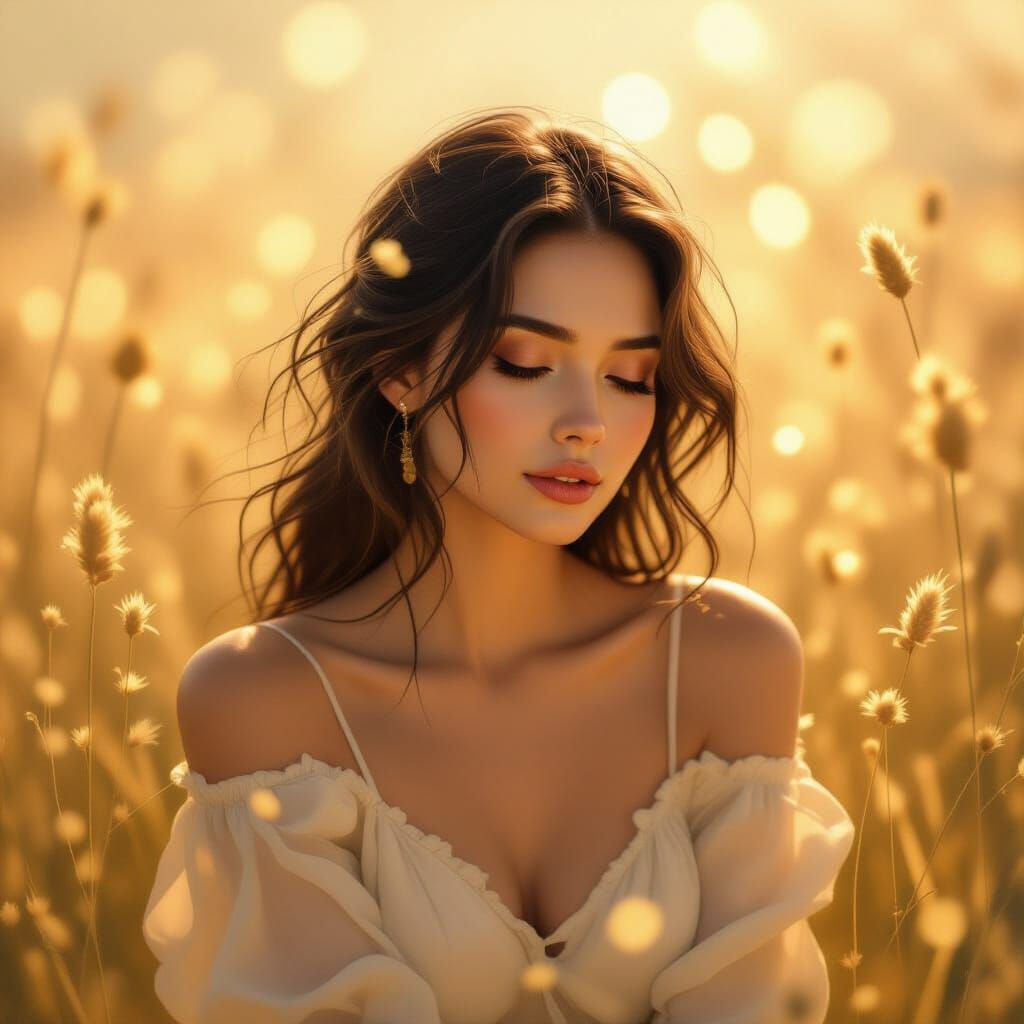 Serene Woman in Golden Light, Digital Illustration