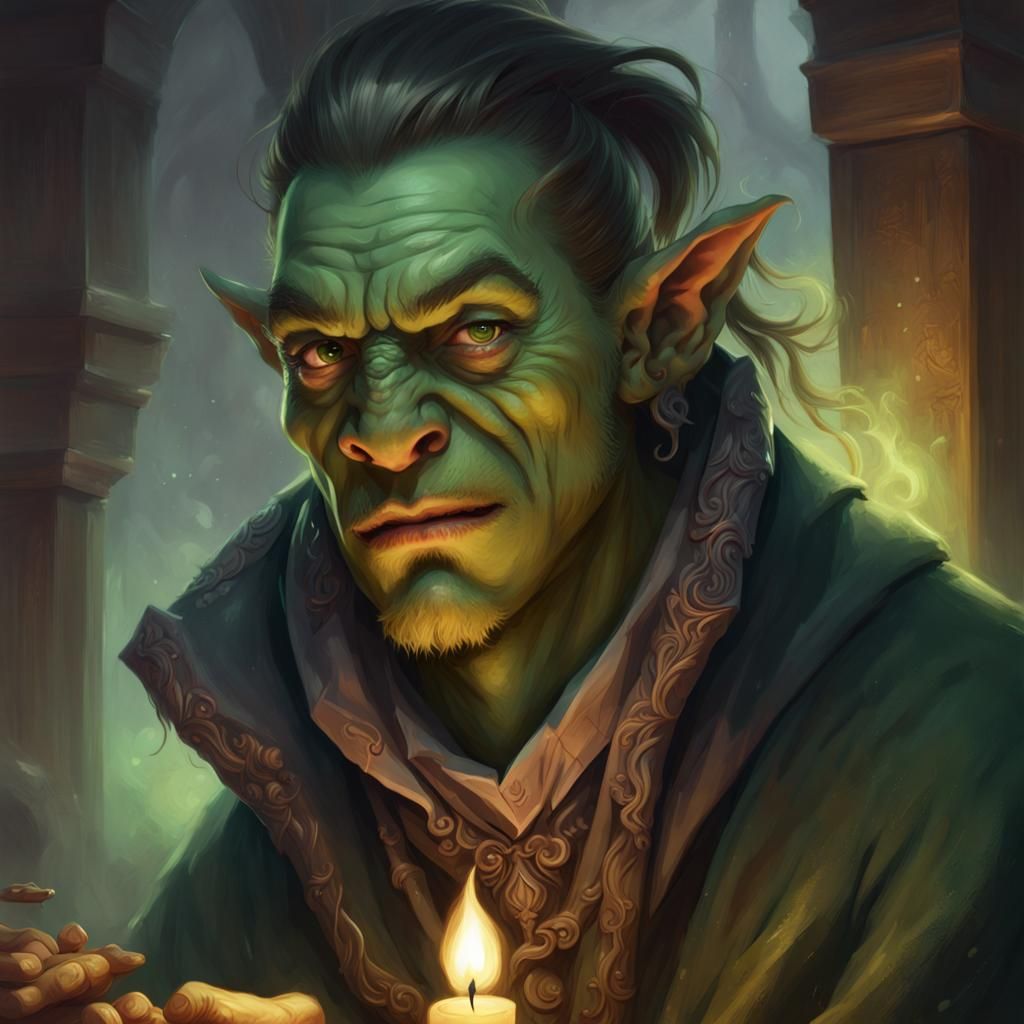 Mischievous Orc Wizard Portrait in Detailed Fantasy Art