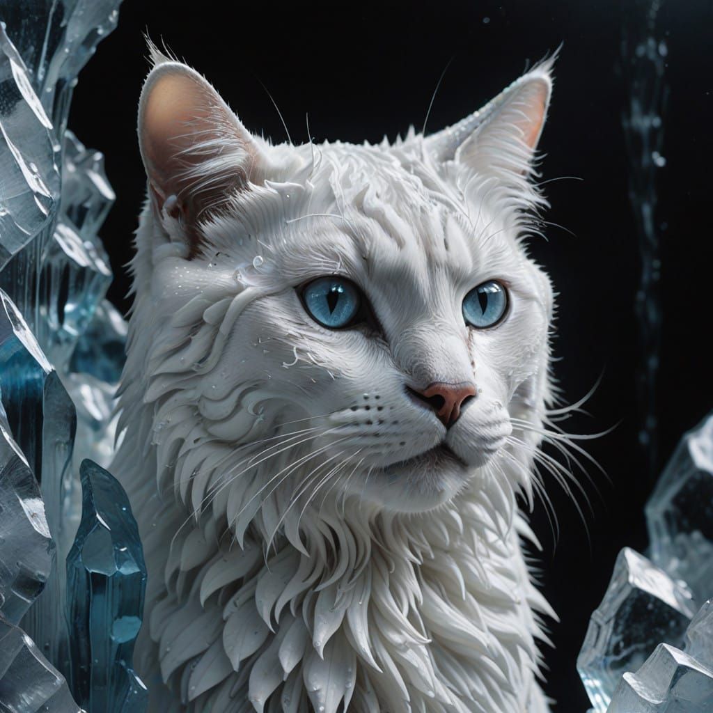 Surreal White Cat Frozen in Ice, Dark Fantasy Art