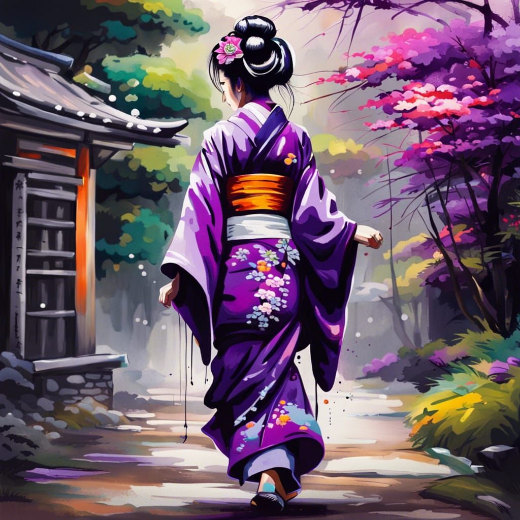 Geisha in Purple Kimono Graffiti Art