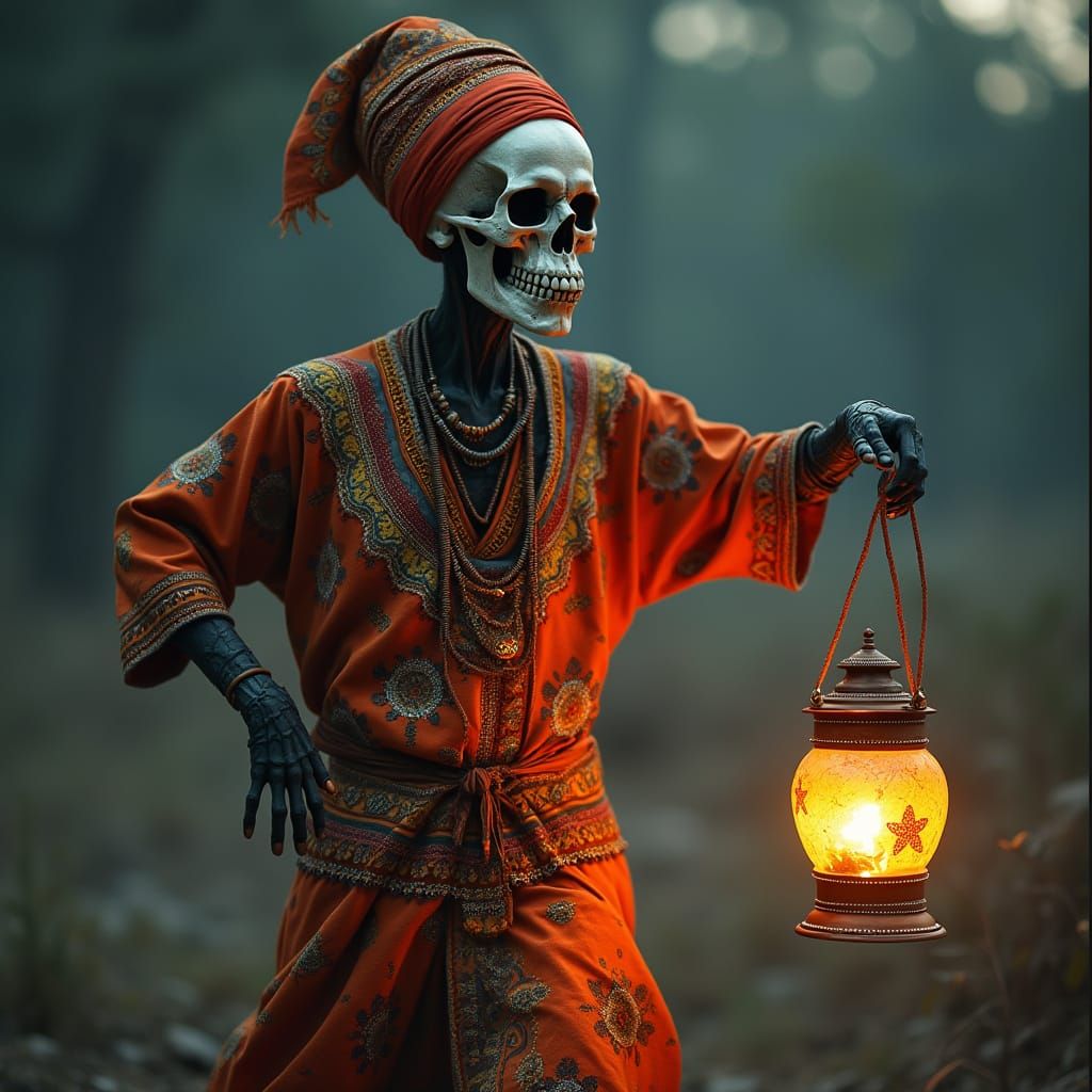 Skull Dancing with Lantern in African Ankara Wear