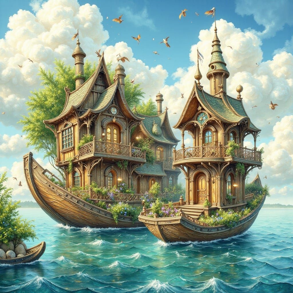 Floating Houseboats in Sweet Anime Style