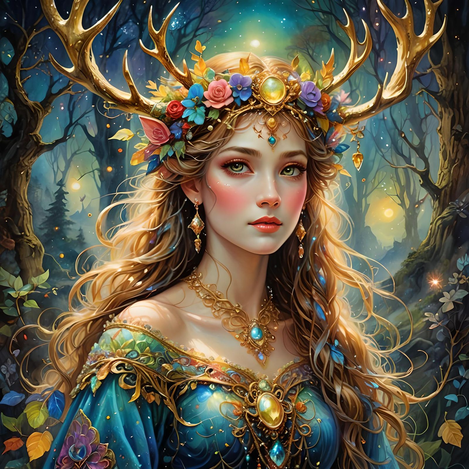 Golden Antlered Princess in Retro Fantasy Style