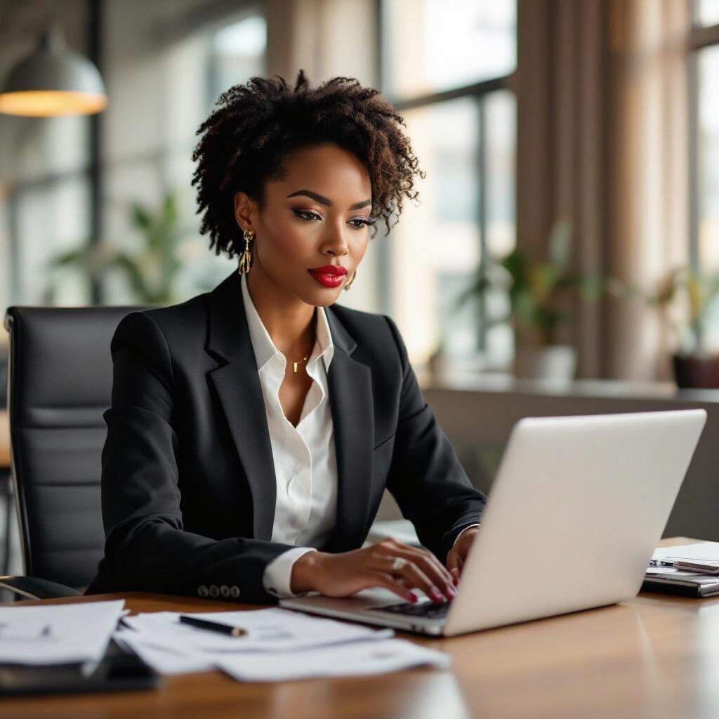 Confident Woman in Contemporary Office, Cinematic Style