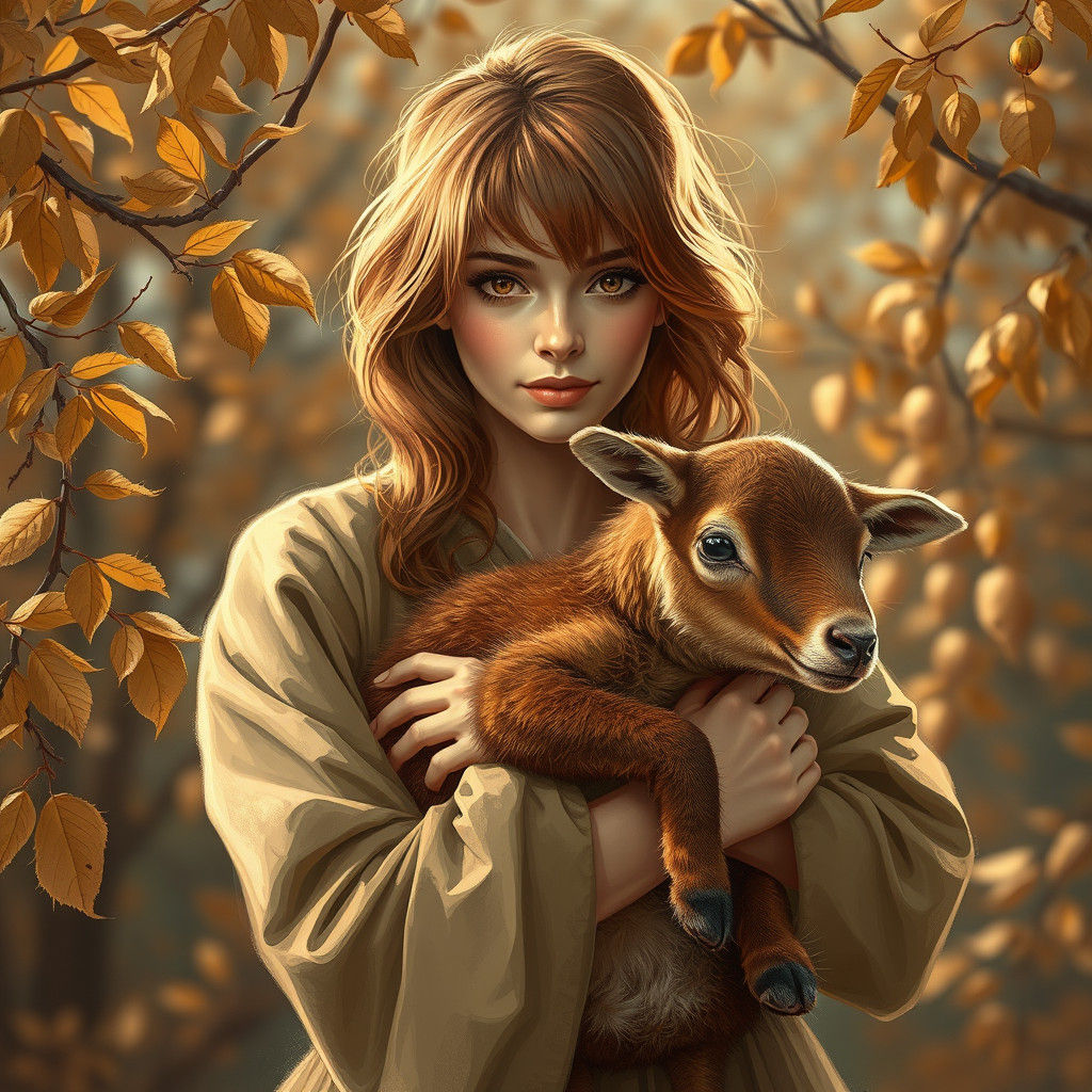 Red Haired Woman with Animal in Autumnal Light