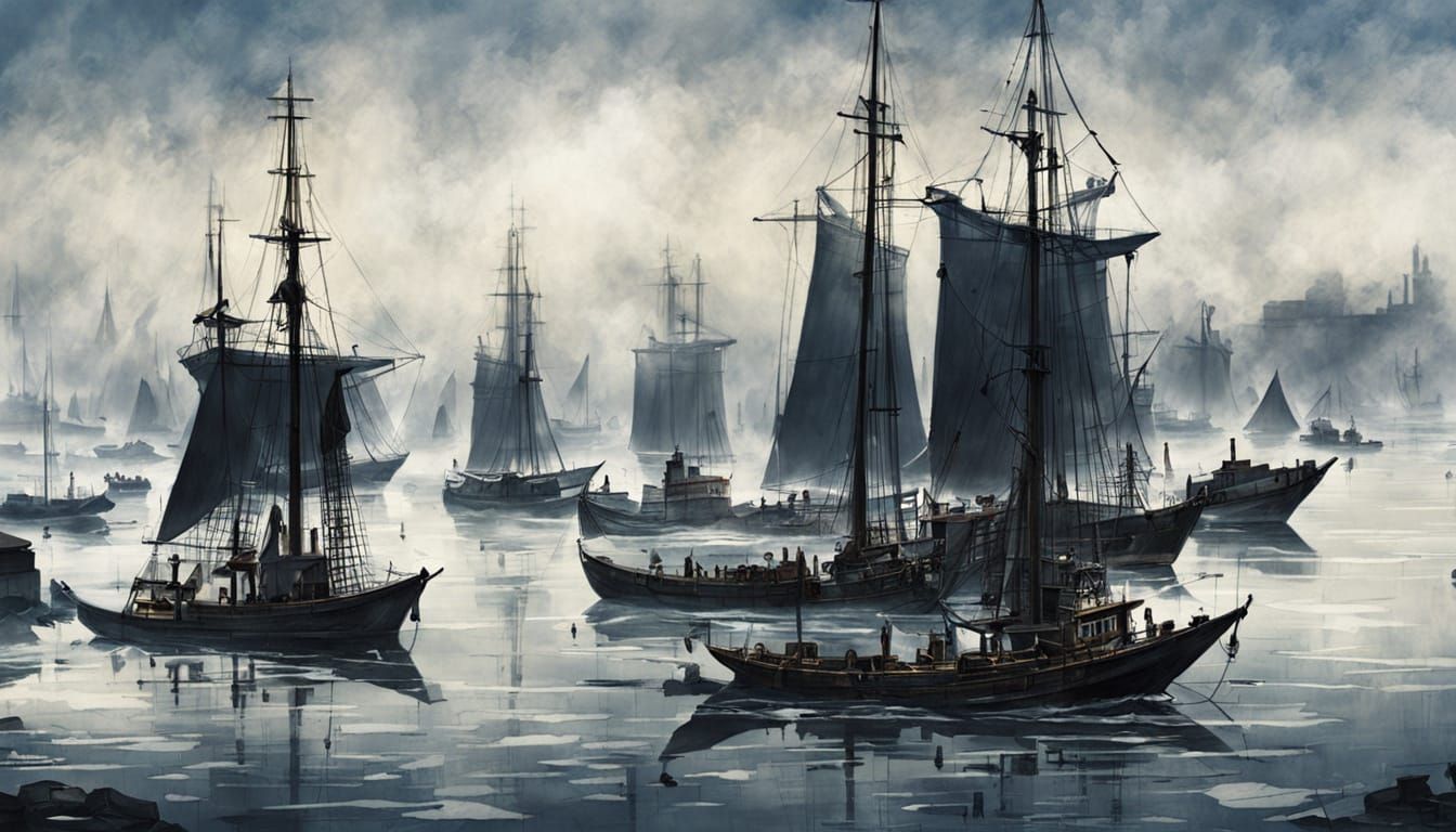 Misty Ancient Harbor with Anchored Ships