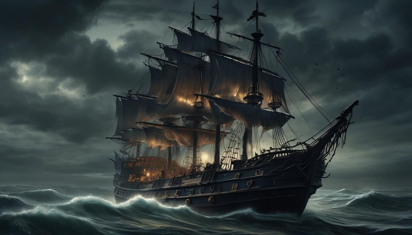 Haunted Ship of Ghostly Sailors: Dark Fantasy Illustration