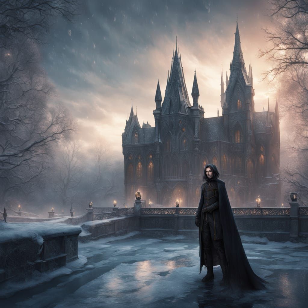 Gothic Vampire Ice Skater in Fantasy Landscape