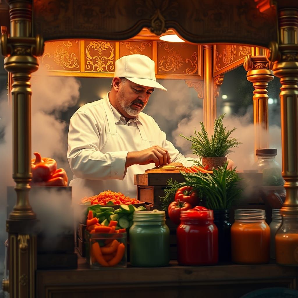 Fast Food Vendor in Ornate Fantasy Setting